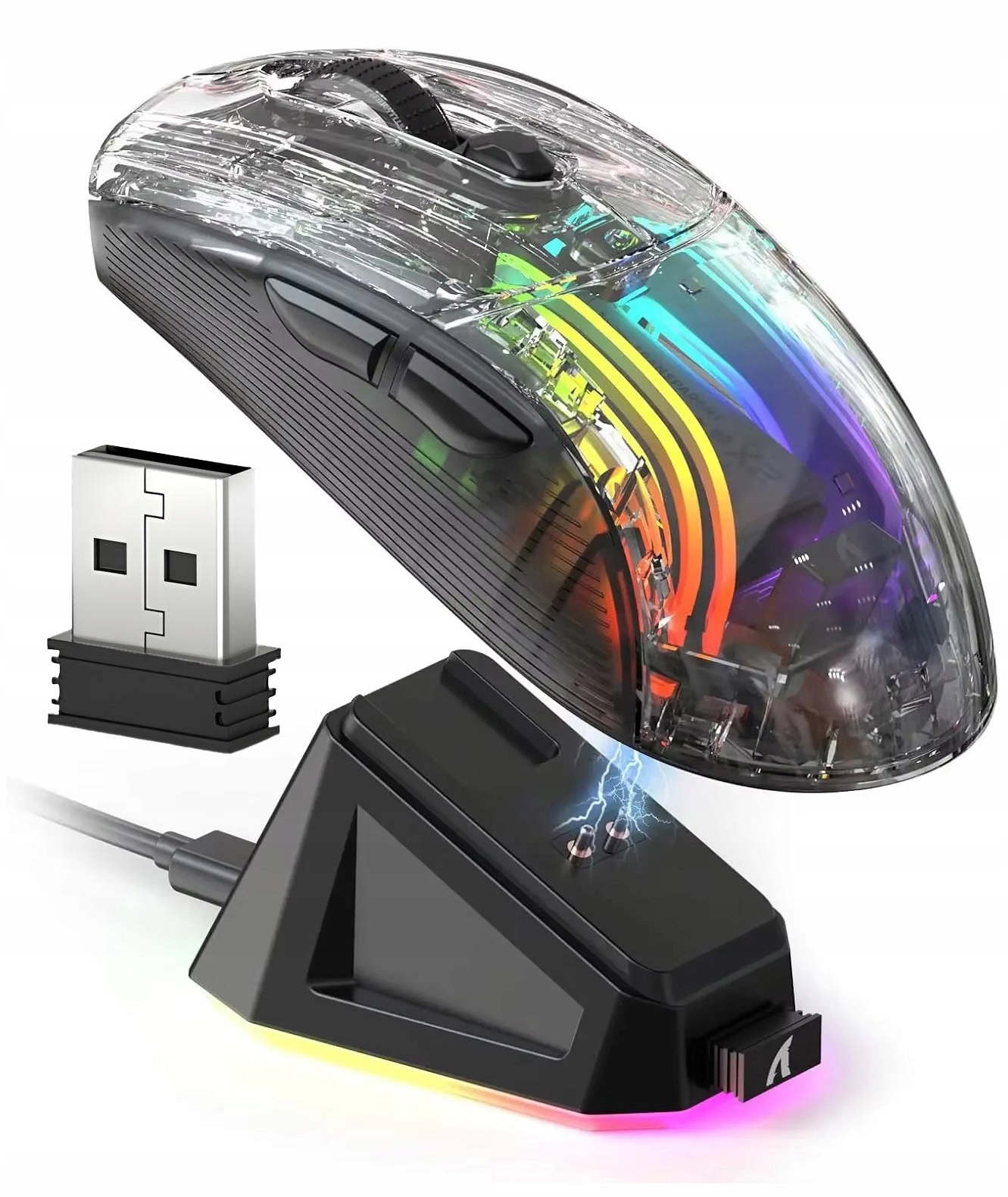 Przezroczysta czarna mysz bezprzewodowa ATTACK SHARK X2 PRO ze stacją dokującą RGB.